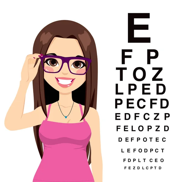 Gyönyörű Fiatal Lány Szemüveges Olvasás Látvány Teszt Karakterek Szemész — Stock Vector