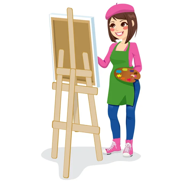 Linda Pintora Artista Mulher Segurando Paleta Pintura Tela Cavalete — Vetor de Stock
