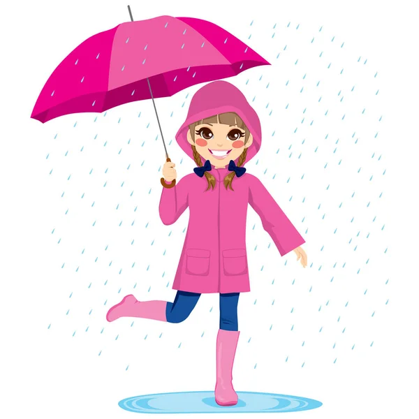 Roztomilá Holčička Pod Deštěm Růžovým Pláštěm Deštníkem — Stockový vektor