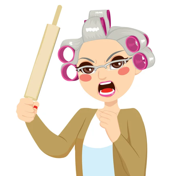 Senior Woman Angry Holding Roll Pin Aggressive Expression Screaming — Stock Vector