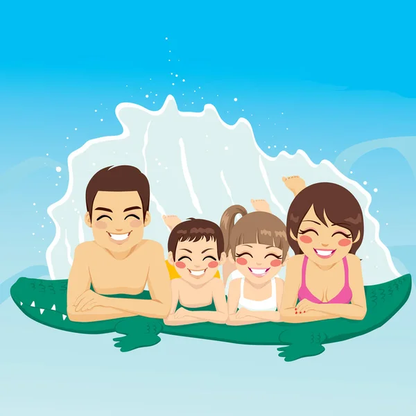 Happy Family Lying Crocodile Tube Swimming Pool Together Smiling — Stock Vector