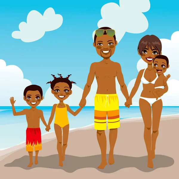 幸せなアフリカ系アメリカ人の家族海岸の砂の上を歩くビーチバケーションを楽しむ — ストックベクタ