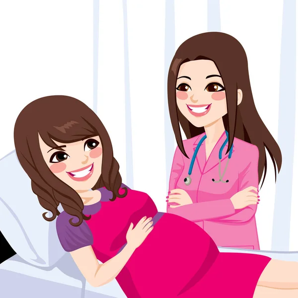 Beautiful Young Asian Pregnant Woman Lying Hospital Bed Being Visited — Stock Vector