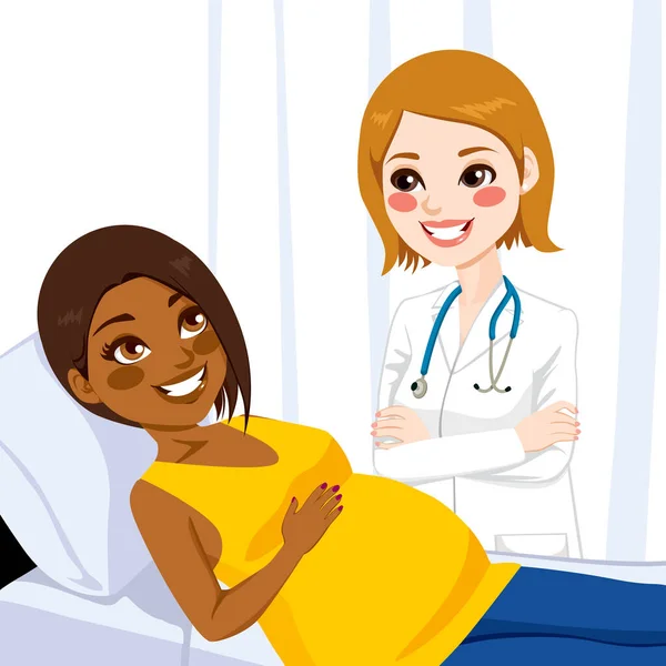 Beautiful Young African American Pregnant Woman Lying Hospital Bed Being — Stock Vector