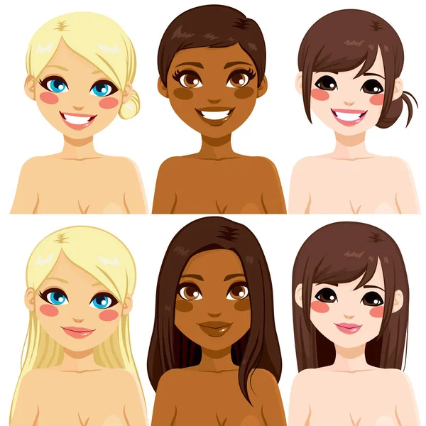 Hermosas Mujeres Étnicas Diferentes Con Dos Peinados Diferentes — Vector de stock