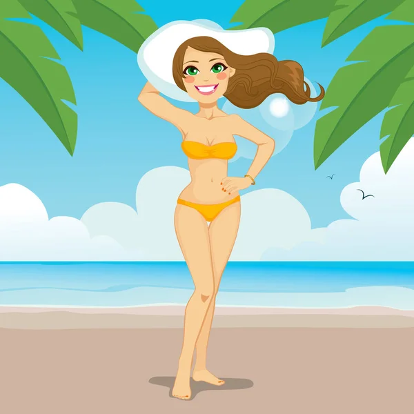 Belle Femme Aux Cheveux Marron Clair Portant Bikini Grand Chapeau — Image vectorielle