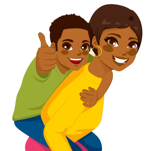 美丽的非洲裔美国黑人年轻的母亲和她的儿子骑在背上快乐地坐在一起 — 图库矢量图片