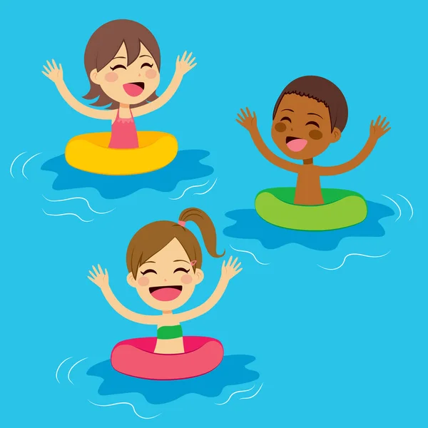 Three Cute Little Kids Swimming Colorful Floats — Stock Vector