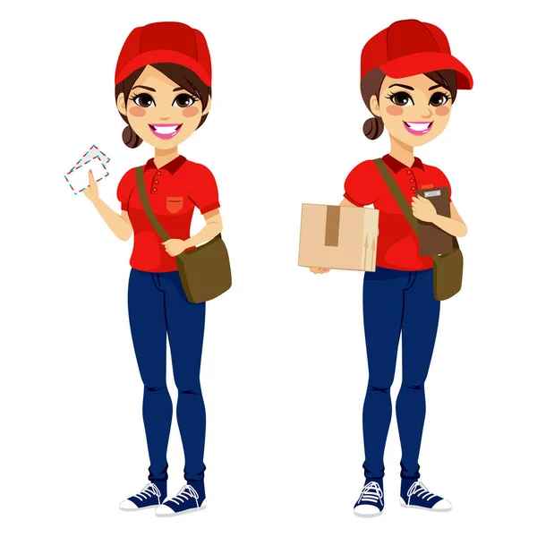 Tam Vücut Postacı Kadın Kırmızı Üniformalı Deri Çanta Klasörle Posta — Stok Vektör
