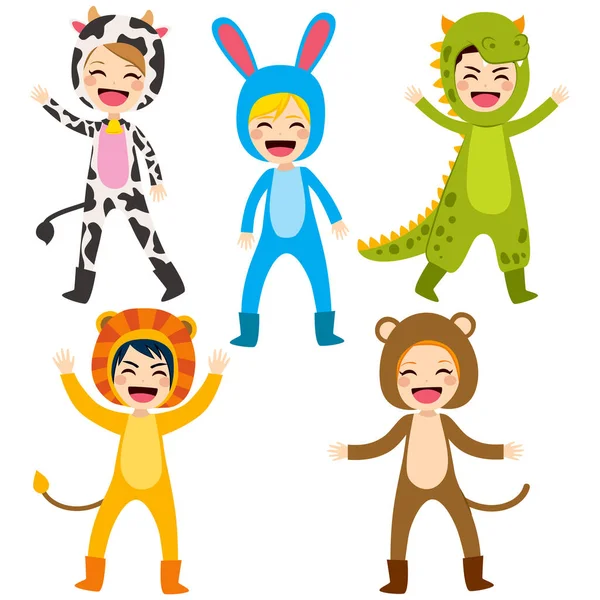 Cute Little Happy Children Wearing Animal Costume — Stock Vector