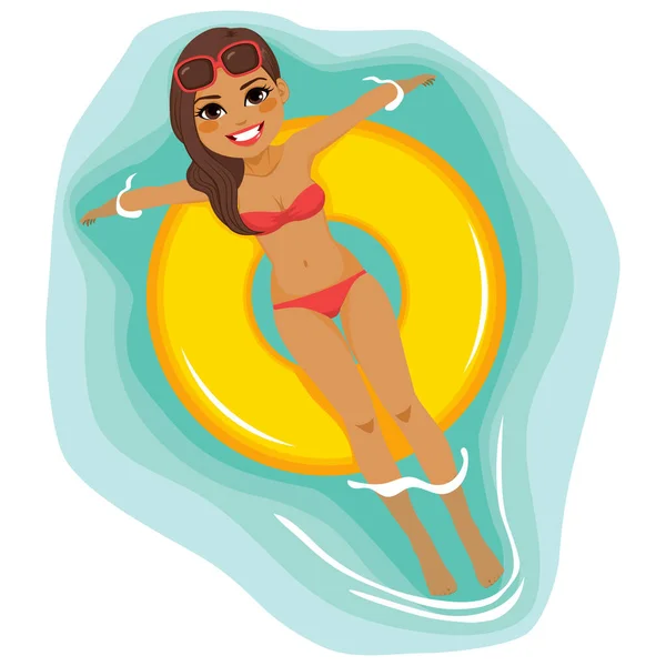 Hermosa Mujer Morena Flotando Tubo Grande Anillo Inflable Amarillo Agua — Archivo Imágenes Vectoriales