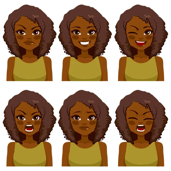 Hermosa Mujer Afroamericana Avatar Con Pelo Afro Haciendo Seis Expresiones — Vector de stock