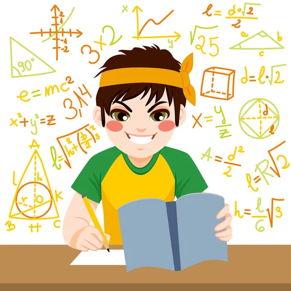 Young Teenager Boy Studying Hard Mathematics Exam Notebook Surrounded Formulas — Stock Vector