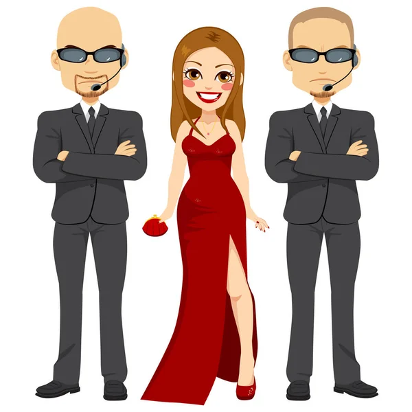 Professional Bodyguards Standing Protecting Famous Actress Woman Elegant Red Dress — Stock Vector