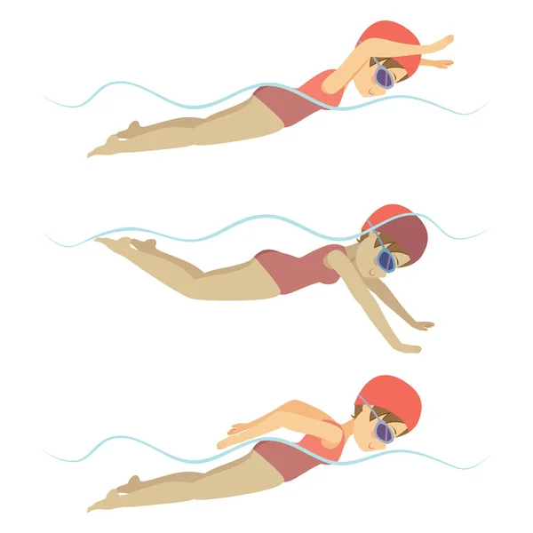 Set Con Atleta Mujer Nadando Estilo Libre Golpe Varias Posturas — Vector de stock