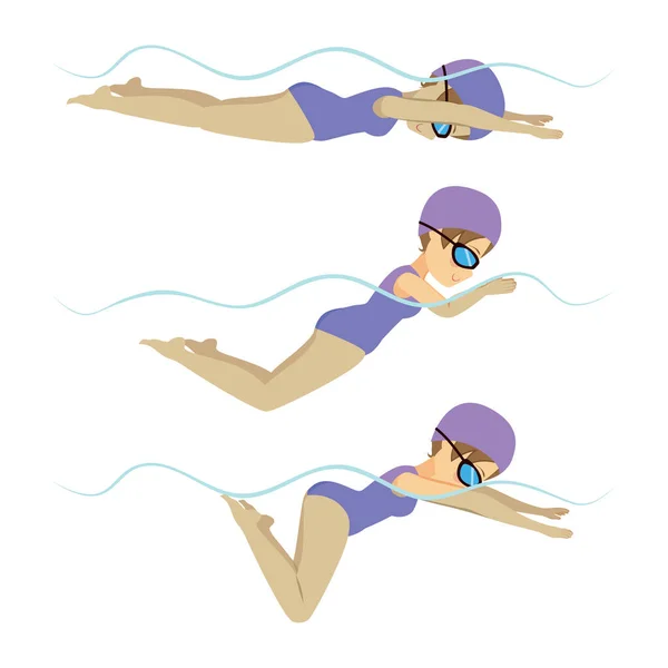 Set Athlete Woman Swimming Breaststroke Stroke Various Different Poses Training — Stock Vector