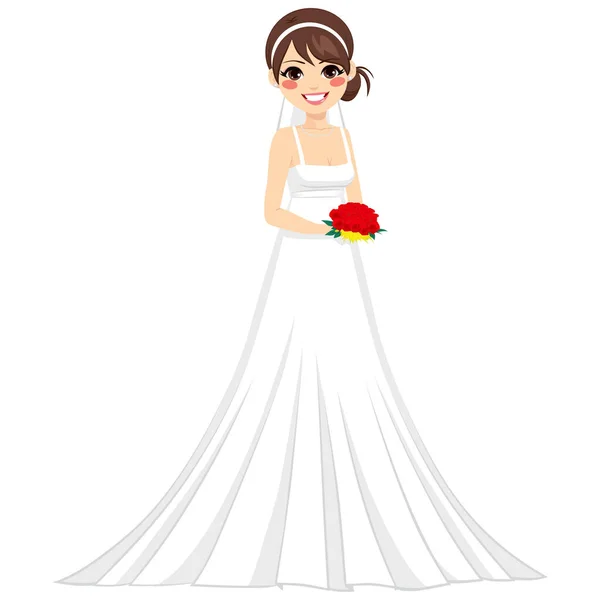 美丽的年轻黑发女子快乐的新娘身强体壮 手持玫瑰花束 — 图库矢量图片