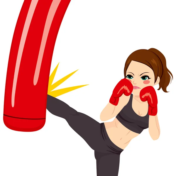 Молодая Сильная Женщина Пинает Красную Боксерскую Грушу Мощным Ударом Ноги — стоковый вектор