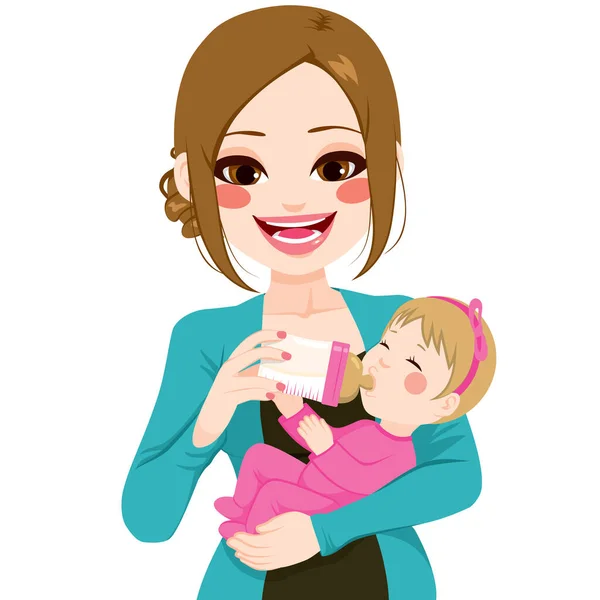 Feliz Madre Joven Sosteniendo Alimentando Bebé Con Biberón Aislado Sobre — Vector de stock