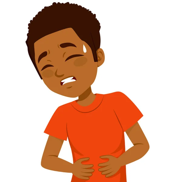 African American Little Boy Touching His Belly Having Terrible Stomachache — Stock vektor