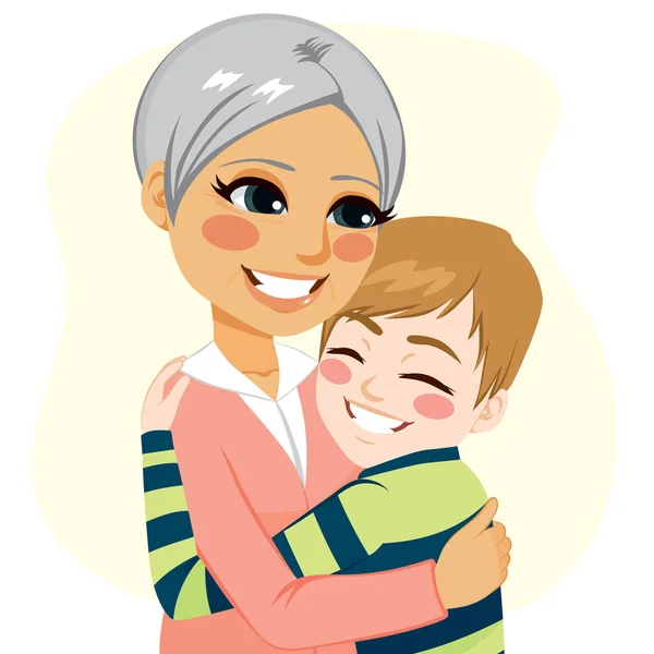 Cute Young Little Boy Hugging Her Dear Grandmother — Stock Vector