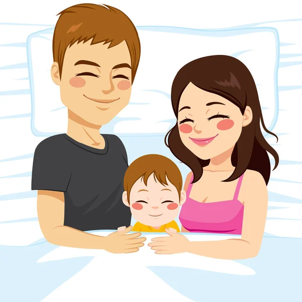 Lindo Joven Pequeña Familia Padre Madre Hijo Bebé Juntos Durmiendo — Vector de stock