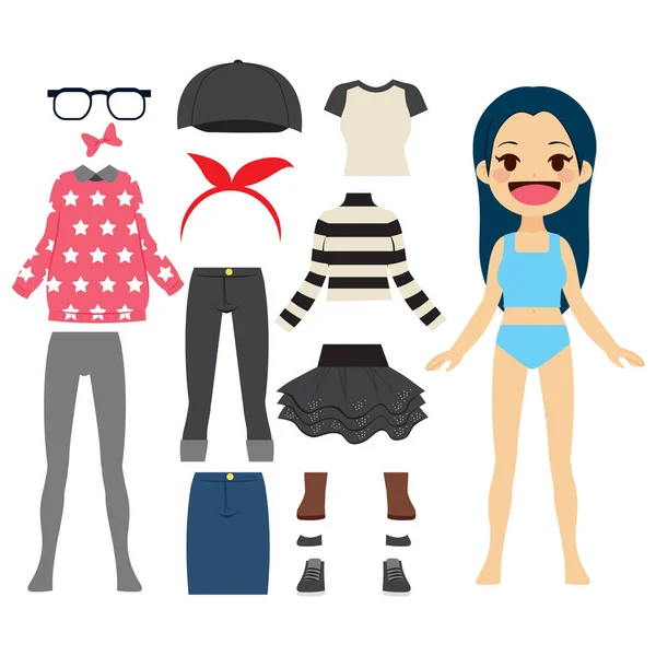 Cute Cheerful Paper Doll Girl Set Clothes Accesories — Stock Vector