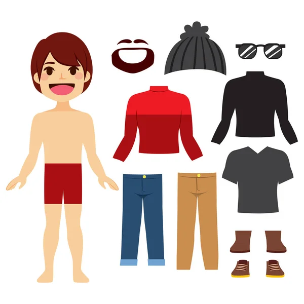 Young Hipster Paper Doll Boy Set Clothes Accessories — Stock Vector