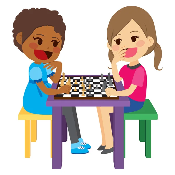 Duas Meninas Bonitos Jogar Xadrez Divertindo —  Vetores de Stock
