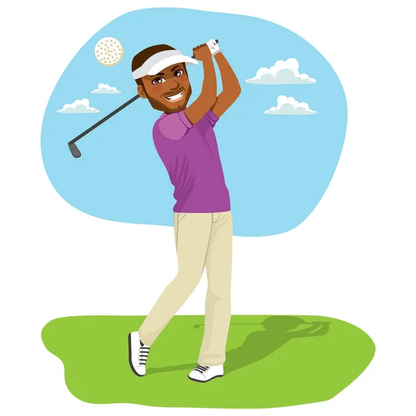 Jonge Afro Amerikaanse Golfer Slaat Een Golfbal Met Golfdriver — Stockvector