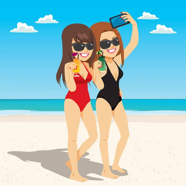 Dos Amigas Jóvenes Divirtiéndose Bebiendo Tomando Selfie Playa — Vector de stock