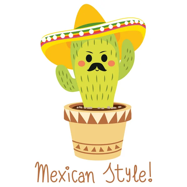 Carino Divertente Personaggio Cactus Con Cappello Testo Stile Messicano — Vettoriale Stock