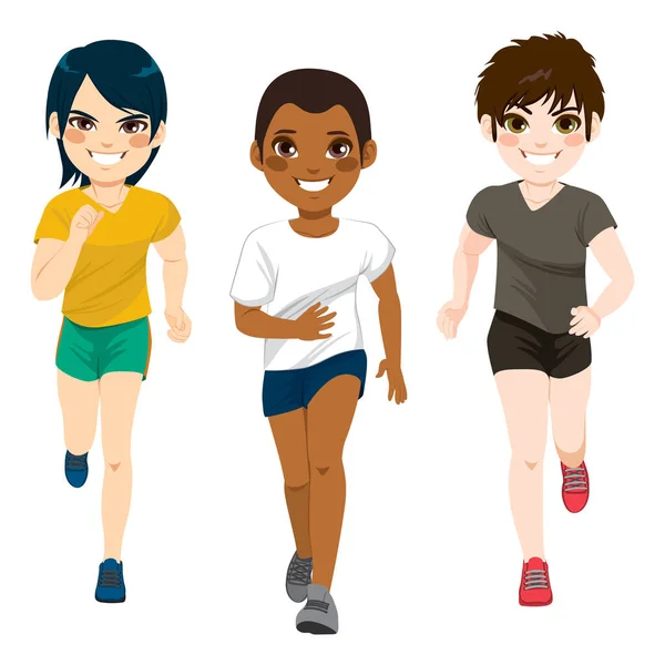 Drie Jong Joggen Diverse Tiener Jongens Oefenen Running Sport — Stockvector