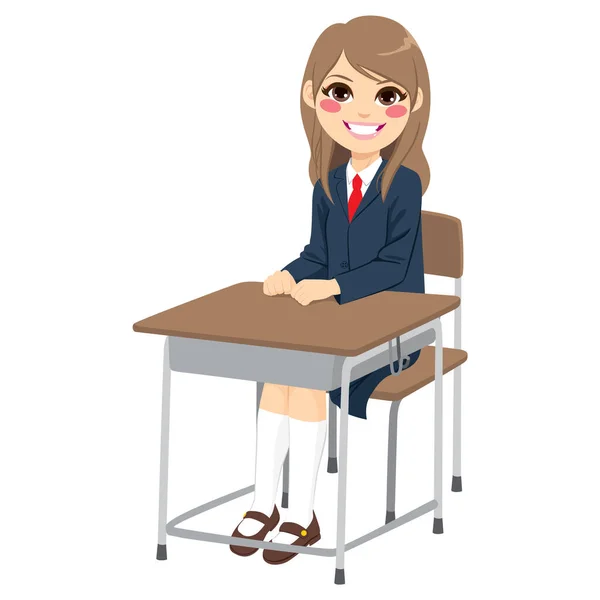 Young Cute Teenager Student Girl Sitting School Desk — Stock Vector