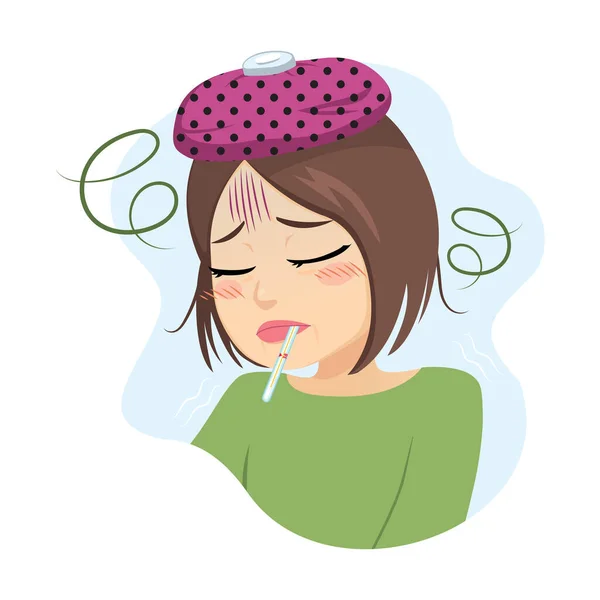 中年妇女伤风感冒与体温计口蹄疫病毒感染概念 — 图库矢量图片
