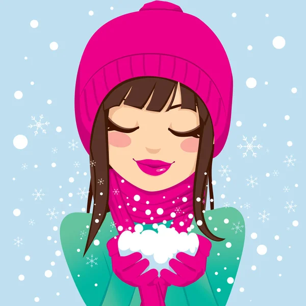 美丽的黑发女人 双目紧闭 面带微笑 戴着粉色冬帽 戴着围巾 双手托着雪 — 图库矢量图片