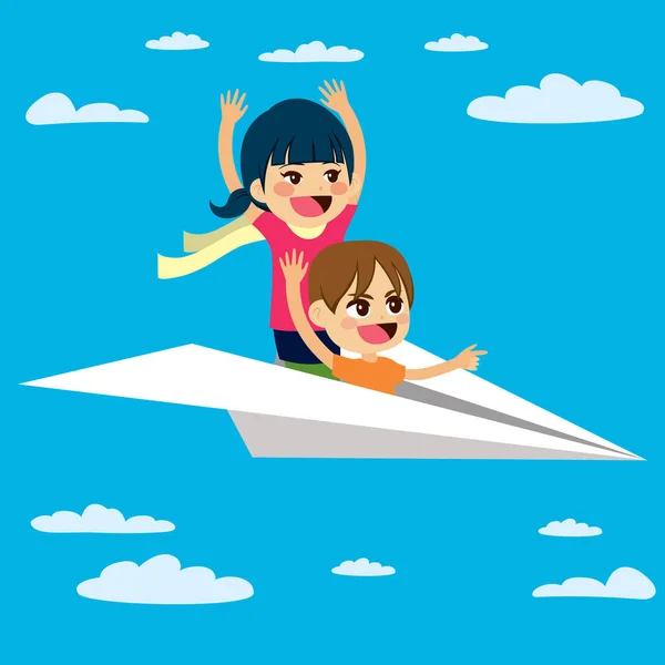 Two Cute Diverse Children Flying Paper Plane — Stock Vector