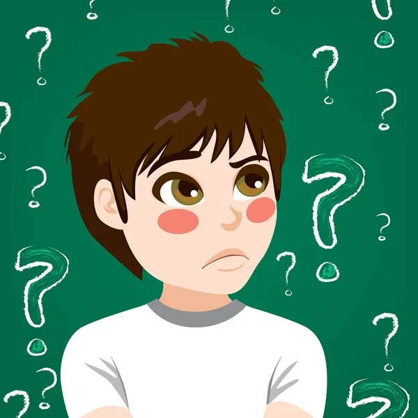 Joven Adolescente Dudando Con Verde Interrogantes Fondo — Vector de stock