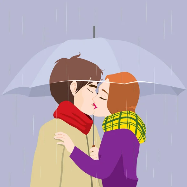 Στοργικό Ζευγάρι Φιλιά Κάτω Από Ομπρέλα Την Ημέρα Της Βροχής — Διανυσματικό Αρχείο