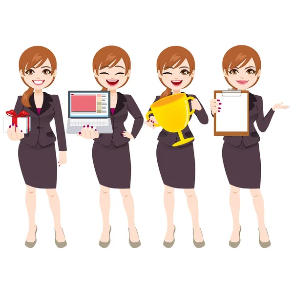Personagem Mulher Negócios Diferentes Poses Expressões Segurando Acessórios Escritório — Vetor de Stock