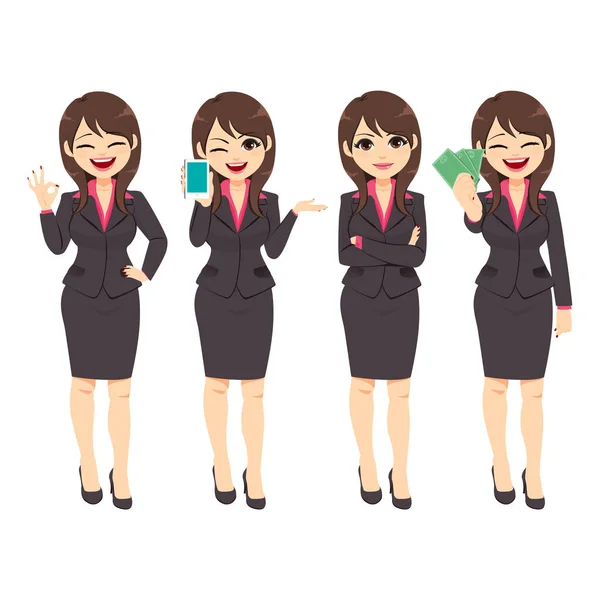 Piękna Businesswoman Charakter Pracy Różnych Pozach Trzyma Różne Akcesoria Biurowe — Wektor stockowy