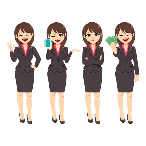 Hermosa Mujer Negocios Trabajando Carácter Diferentes Poses Celebración Diferentes Accesorios — Vector de stock