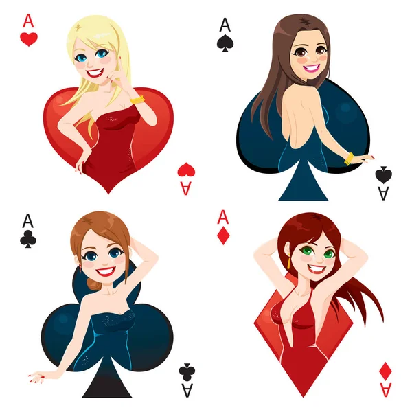 Красивые Молодые Элегантные Женщины Покер Карты Аватары — стоковый вектор