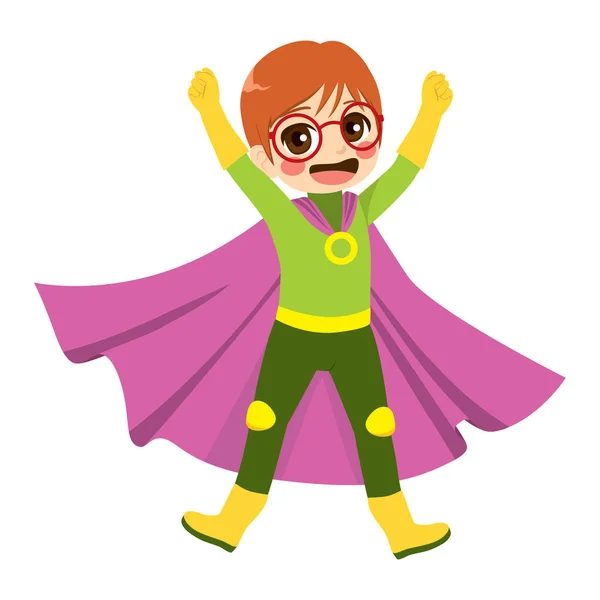 Cute Little Happy Nerd Kid Glasses Wearing Super Hero Costume — Stock Vector