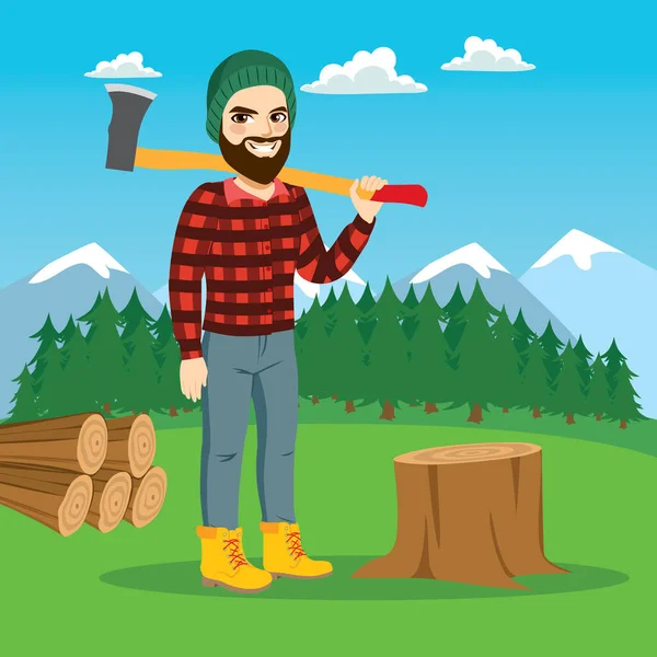 Bearded Male Lumberjack Cutting Tree Axe Forest — Stock Vector