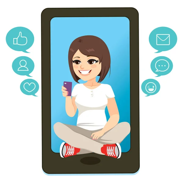 Illustratie Concept Van Tiener Meisje Met Behulp Van Smartphone Social — Stockvector