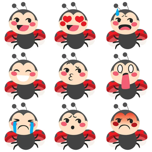 Conjunto Bonitinho Mascote Joaninha Emoji Expressões Faciais Diferentes —  Vetores de Stock