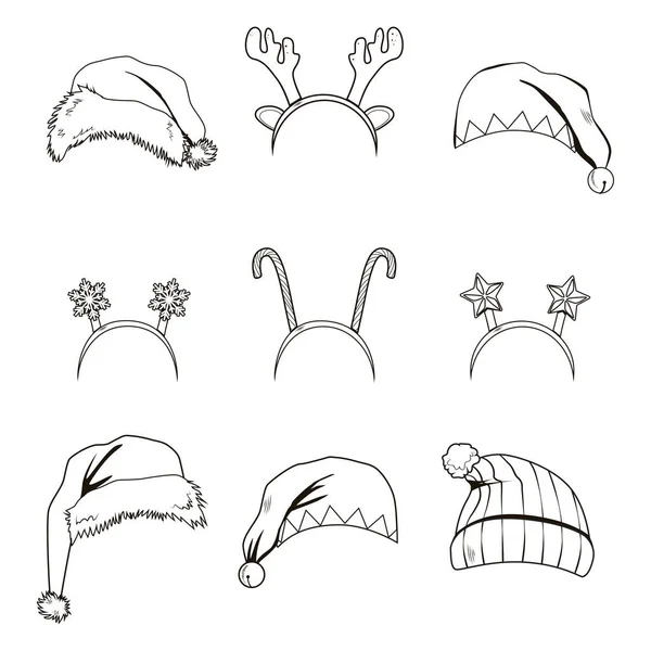 Colección Conjuntos Arte Línea Sombreros Diademas Navidad — Vector de stock