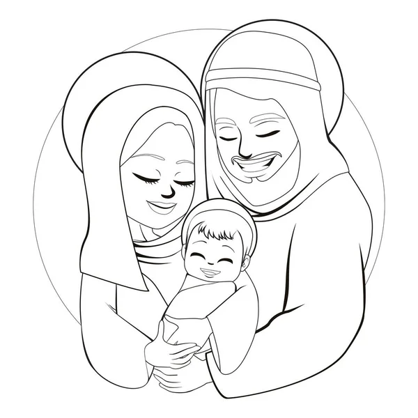 Γραμμική Τέχνη Φάτνη Οικογενειακή Σκηνή Της Γέννησης Του Μωρού Ιωσήφ — Διανυσματικό Αρχείο