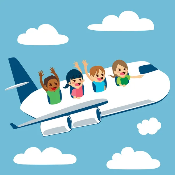 Cztery Słodkie Małe Dzieci Podróżujące Samolotem Wycieczkę Szkolną — Wektor stockowy